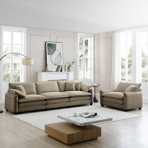 English Elm Mid-Century Modern Sofa Set: 3-Seater & Single Seat With Pillows, Plush Tan Corduroy For Comfort W714S00716