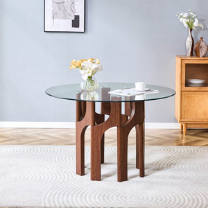 English Elm Round Tempered Glass Dining Table Sculptural Geometric Mdf Base Seats Four Compact Walnut W3875P387156
