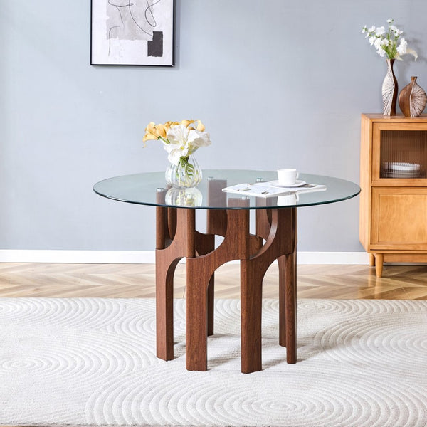 English Elm Round Tempered Glass Dining Table Sculptural Geometric Mdf Base Seats Four Compact Walnut W3875P387156