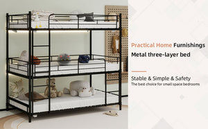 English Elm Heavy-duty triple bunk bed frame with built-in ladder, full guardrails, metal slats, space-saving design Black W1935P330699