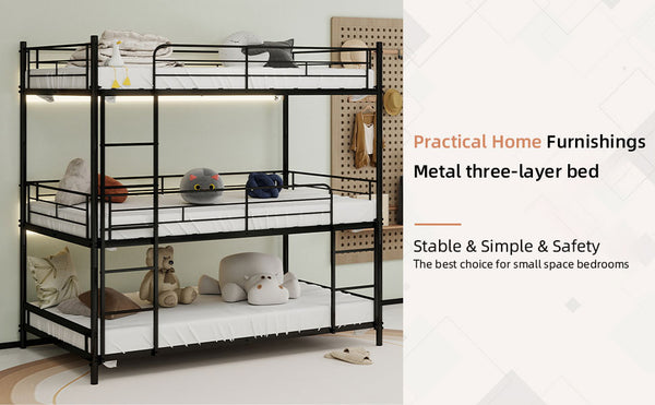 English Elm Heavy-duty triple bunk bed frame with built-in ladder, full guardrails, metal slats, space-saving design Black W1935P330699