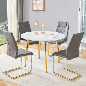 English Elm Table and Chair Set Extendable Mdf Round Oval Dining with Gold Arched Legs Dark Gray,White+Gold W1151S03947