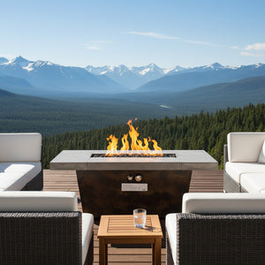 English Elm 42 Inch Gas Fire Pit Table 50,000 BTU Cement Grey Rectangle Patio Table with Lid, Grill, Volcanic Rock W853P368308