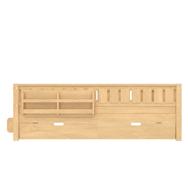 English Elm Twin Kids Platform Bed with Trundle Staircase Bookshelf and Rounded Safety Rails Light Natural W1580S00560