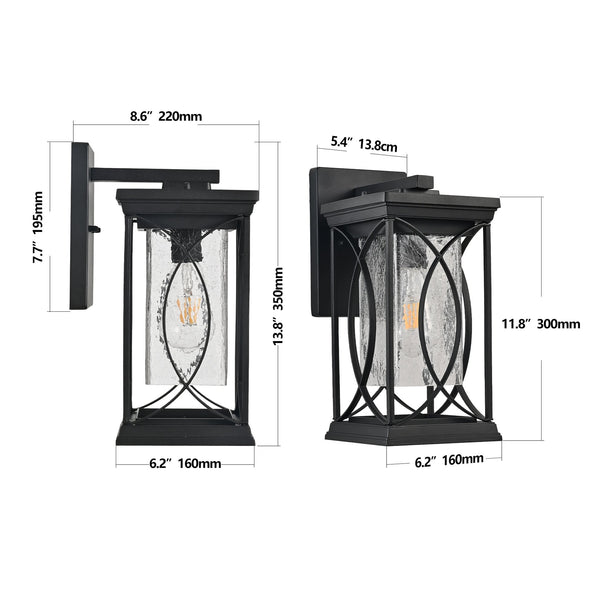 English Elm 14"(H) Black Outdoor Wall Lantern with Crackled Glass - Weatherproof Modern Porch Sconce, E26 Ready, Durable Metal Frame W2312P374978