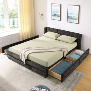 English Elm Queen Chenille Upholstered Storage Bed Wingback Headboard Platform Frame Bedroom Dark Gray W487S00418