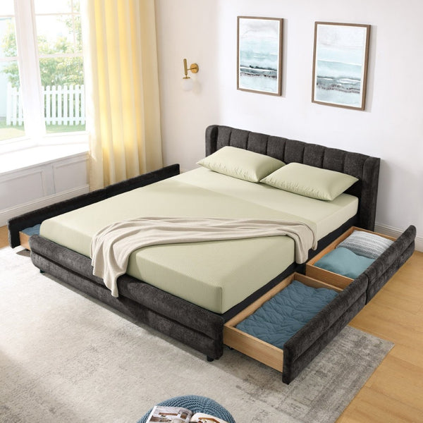 English Elm Queen Chenille Upholstered Storage Bed Wingback Headboard Platform Frame Bedroom Dark Gray W487S00418