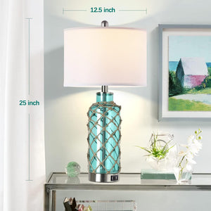 English Elm Cottage Blown Glass Rope Net Bedside Lamp Set Coastal Nautical Touch Dimmer Usb W3355P465377