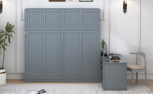English Elm Queen Murphy Bed with Fold Down Desk Hydraulic Lift Storage Cabinets White N820S10034E-1