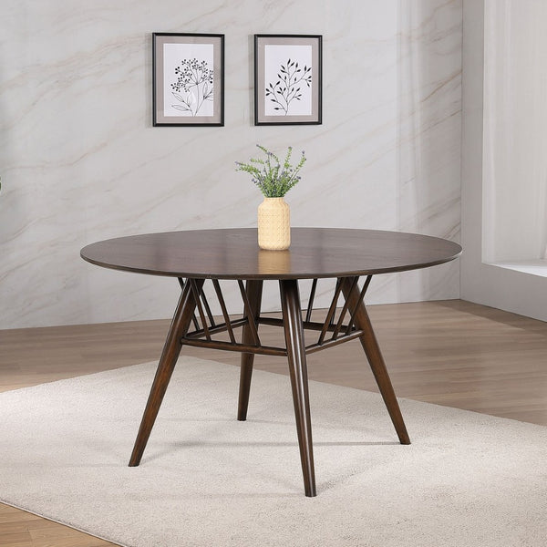 English Elm Shirley Sap Walnut Veneer Round Dining Table Seats Four with Tapered Legs B062S01491