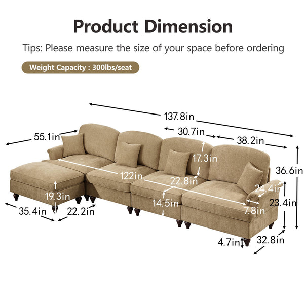 English Elm Classic Modular Chenille Sectional Couch - L-Shaped, Flared Arms, Removable Skirts & Movable Ottoman W3041S00250