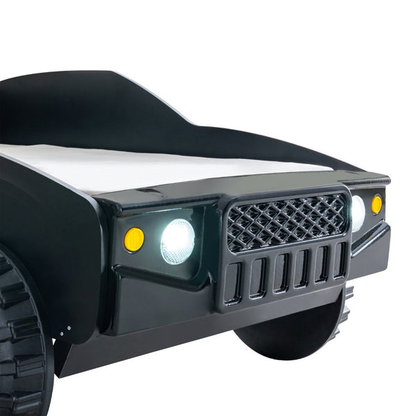 English Elm Modern Jeep Twin Bed with Led Headlights Gloss Black Mdf Frame for Kids Rooms B2741S00915