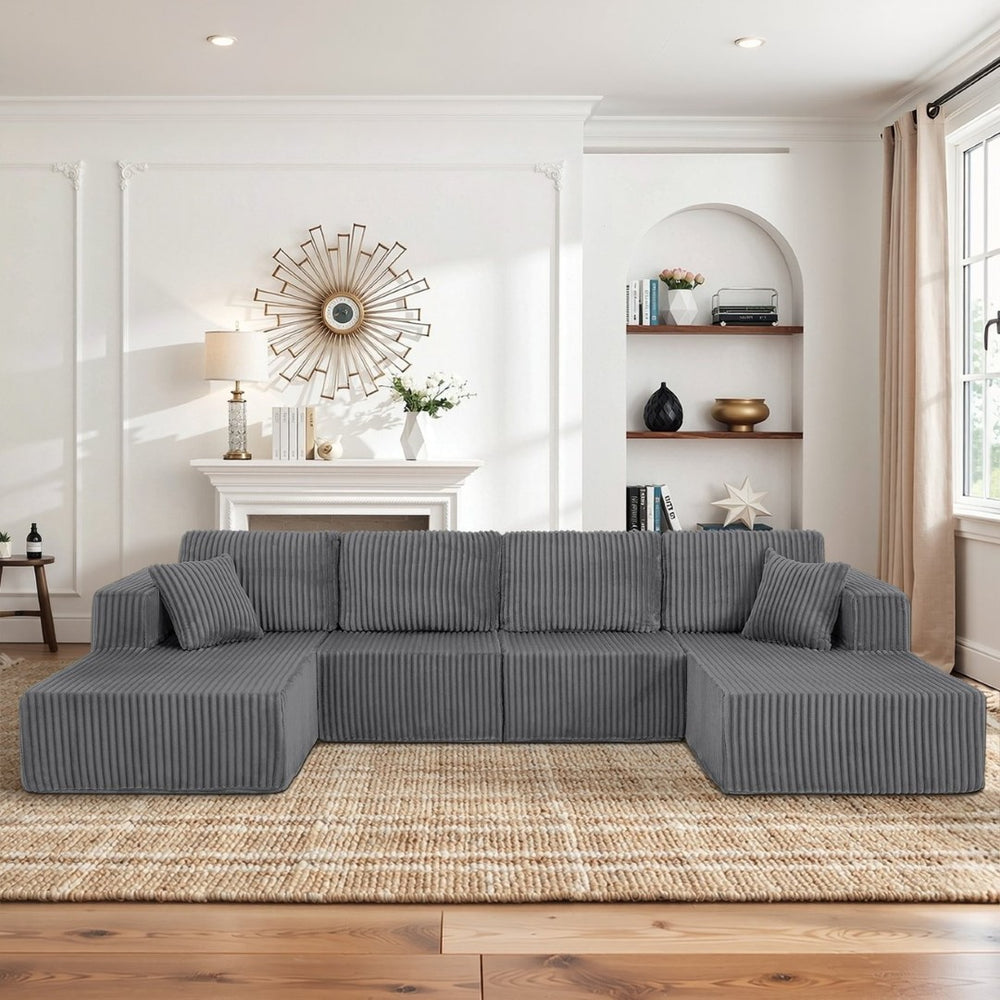 English Elm U-shaped Modular Corduroy Sectional Sofa Sleeper Spacious Living Room Lounge Couch Dark Gray W487S00427