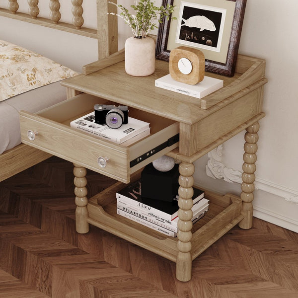 English Elm Retro Bedside Nightstand with Turned Rubberwood Legs Open Shelf and Drawer Storage Natural N733P206240M