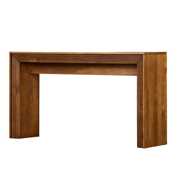 English Elm Fluted Counter Height Dining Set Narrow Bar Console with Upholstered Stool Retro Wood Brown W1202P330888