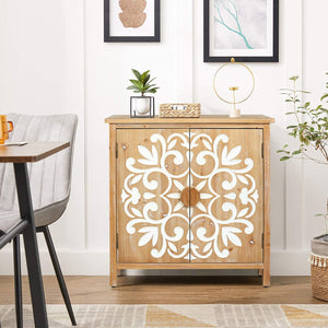 English Elm Rustic Wooden Accent Cabinet with Floral Carved Doors, Antique Brown White, Sturdy 2-Door Storage for Entryway, Dining Room, Living Room W2295P365012