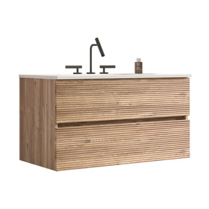 English Elm Galan Freestanding Bathroom Vanity Quartz Basin Fluted Wood Cabinet Modern Bath W1865S00197