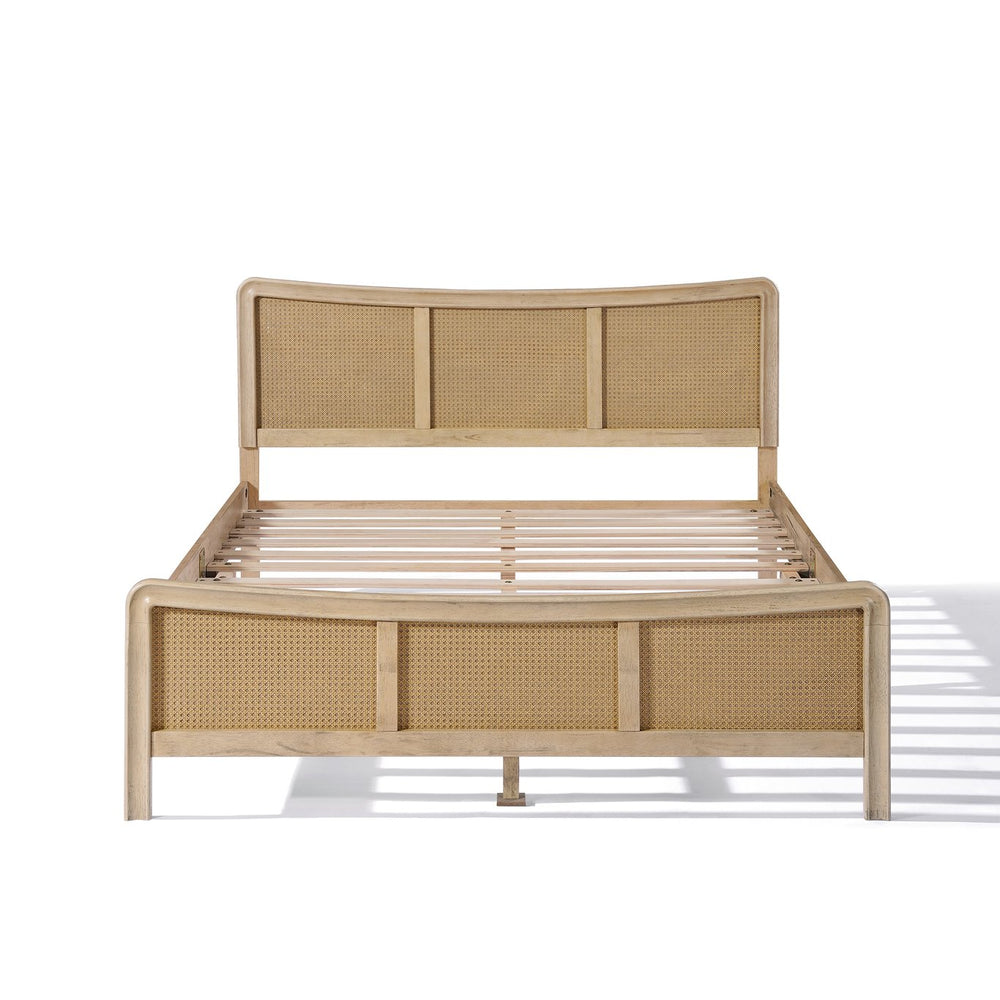 English Elm Christopher Knight Home® - Boho Curved Wooden Bed Frame with Adjustable Rattan Headboard, Solid Wood Slats, 800lb Support N758P266372N