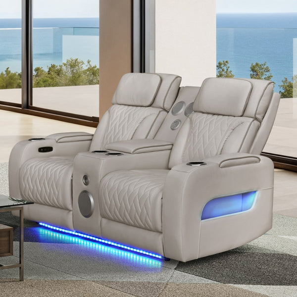 English Elm Jazmina Power Reclining Loveseat with Quilted Leather Aire Bluetooth Speakers and Led Lighting White B2749P413353