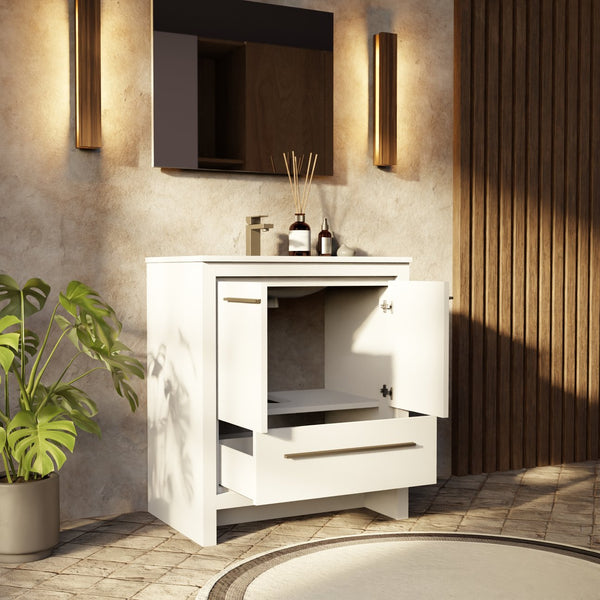 English Elm White 30 in. Bath Vanity with Cultured Marble Top, Soft‑Close, Mirror Included, Scratch‑Resistant Surface and Ample Storage B2731S01483