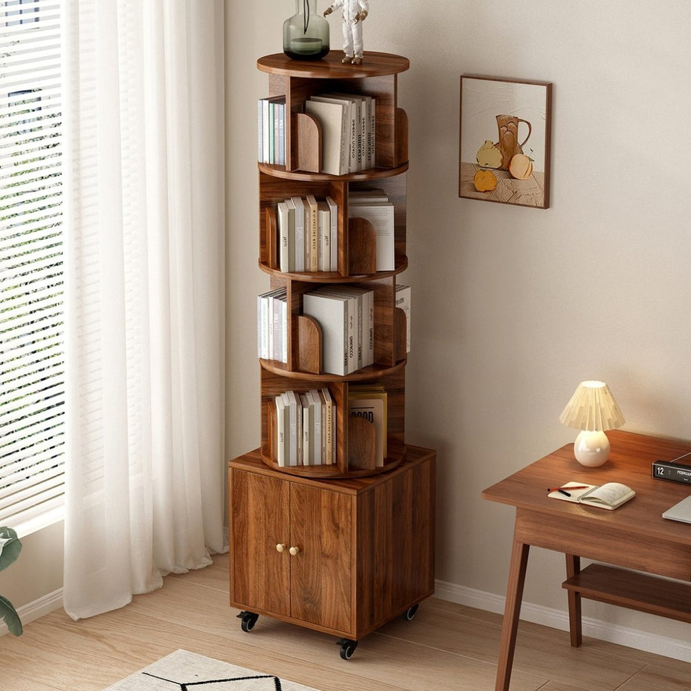 English Elm Rotating 360° Corner Bookshelf - 5-Tier Compact Storage Rack With Drawer For Small Spaces, Walnut W2641P329220-GIGA
