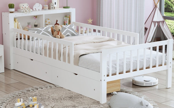 English Elm Twin Size Bed With Headboard Storage, Two Drawers, Safety Guardrails, And Stylish White Finish N733P272374K-GIGA
