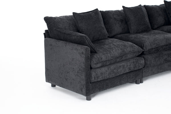 English Elm 108" L-shaped Chenille Cloud Sectional Deep Seat Sofa with Ottoman for Living Rooms Black W3244S00004