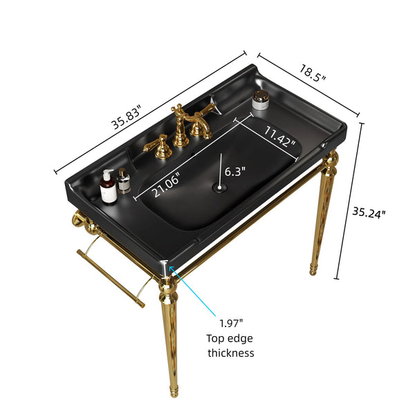 English Elm VICI 36" Bathroom Console Sink with Integrated Ceramic Basin, 3-Hole Faucet, Stainless Legs & Towel Bar Black,Gold W2615S00106
