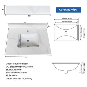 English Elm 31-inch Carrara Quartz Vanity Top Undermount Sink Backsplash Marble Look Bathroom W2699P459403