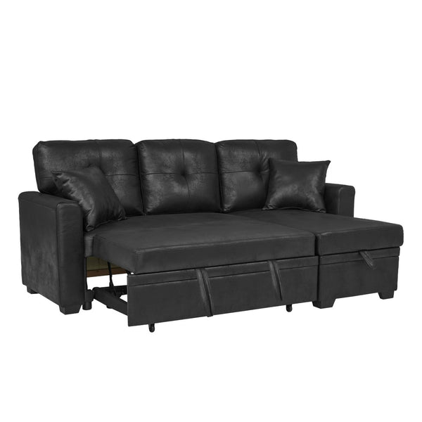 English Elm Sleeper Sectional Sofa with Storage Chaise Tufted Black Fabric L-shaped Living Room W5568S00037
