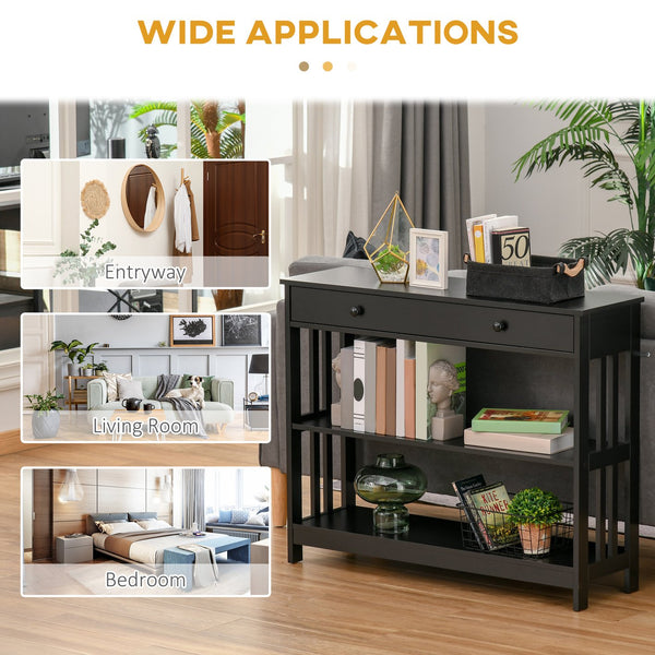 English Elm HOMCOM Narrow Console Table with Extra Wide Drawer, Slatted Frame, 2 Open Shelves & Anti-Tip Safety Black W2225P249592