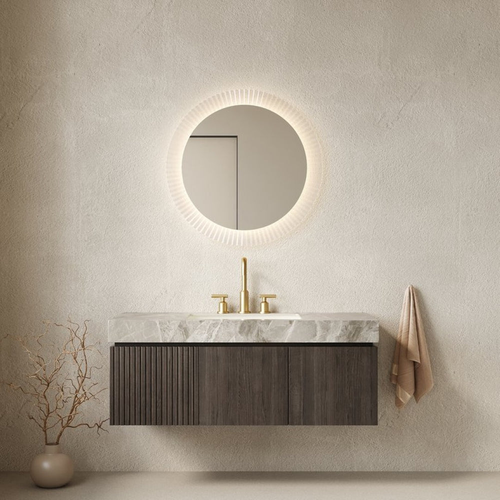 English Elm Muri Floating Bathroom Vanity Plywood Cabinet Sintered Stone Top Espresso Woodgrain W2615S00597