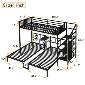 English Elm Twin Bunk Beds For 3 With Desk & Shelves, Space-Saving Metal Triple Bunk Bed, Noise Reduction, Black W1580S00116-GIGA