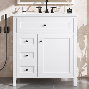 English Elm 30-Inch Contemporary Bathroom Vanity with Sink, MDF & Rubberwood, Glossy Finish, 3 Drawers + Cabinet White N725P350819K
