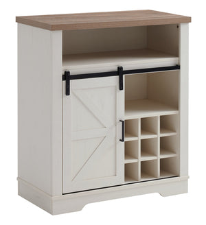 English Elm Farmhouse Sliding Barn Door Wine Cabinet with Thick Top, Rustic Oak & Antique White Finish, Space-Saving Storage W3151P264504