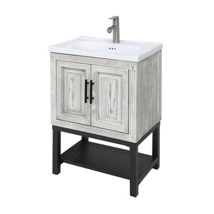 English Elm 24" Modern Bathroom Vanity with White Ceramic Sink, Textured Faucet, Adjustable Feet & Shelf — Sleek Storage Cabinet W688P224402