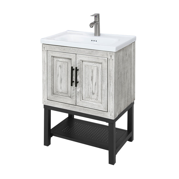 English Elm 24" Modern Bathroom Vanity with White Ceramic Sink, Textured Faucet, Adjustable Feet & Shelf — Sleek Storage Cabinet W688P224402