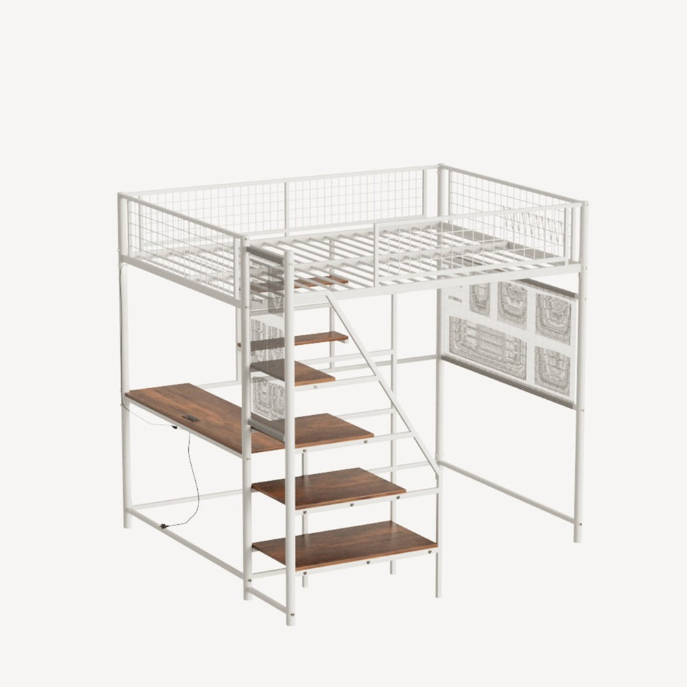 English Elm Black Metal Loft Bed with Built-in Desk Rgb Led Lighting and Charging Station White W1671S00007