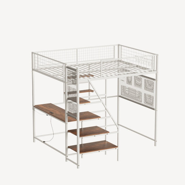 English Elm Black Metal Loft Bed with Built-in Desk Rgb Led Lighting and Charging Station White W1671S00007