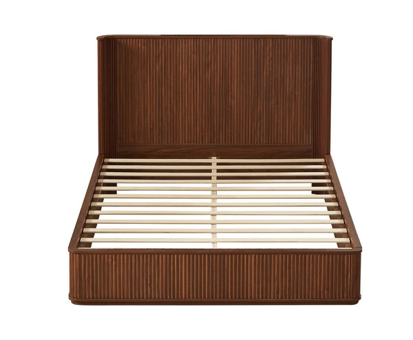 English Elm Natural Fluted Wood Platform Bed Minimalist Queen Frame with Tall Curved Headboard Walnut W5219S00003