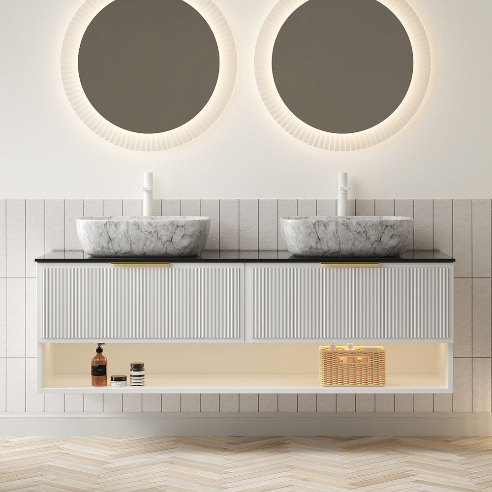 English Elm MALONE 60" Floating Vanity with Dual Marble Ceramic Basins, Black Sintered Stone Top, LED Sensor Lighting W2615S00296