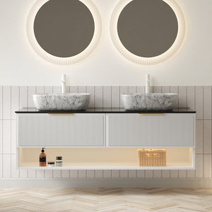 English Elm MALONE 60" Floating Vanity with Dual Marble Ceramic Basins, Black Sintered Stone Top, LED Sensor Lighting W2615S00296