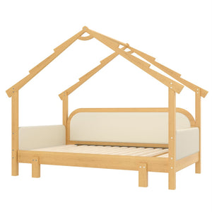 English Elm Twin Pine Treehouse Floor Bed with Padded Rails and Cabin Roofline for Kids White W1580S00383