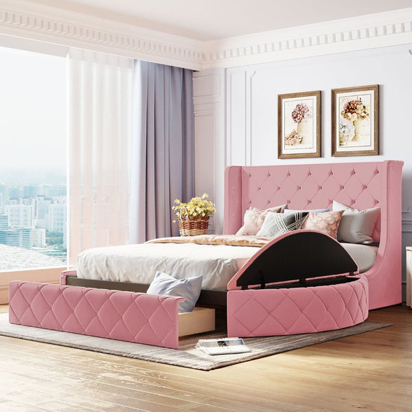 English Elm Upholstered Queen Platform Bed Velvet Wingback Frame with Storage Drawer and Side Stools Pink LP200815AAH