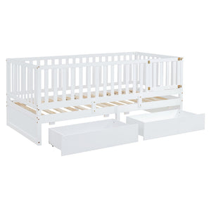 English Elm Twin Pinewood Daybed with Fence Guardrails Splits Into Two Floor Beds Storage White LP100881AAK
