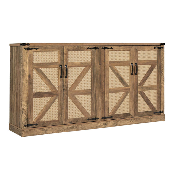 English Elm 65-Inch Slate Gray 3D Faux Rattan Sideboard with Barn-Style Doors, Magnetic Closure & Adjustable Shelves Oak W2702P184359
