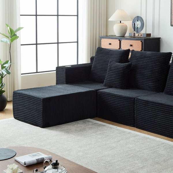 English Elm Sofa Modular Cloud Sectional Overstuffed Corduroy Lounging Comfort for Modern Living Rooms Black W848P309965