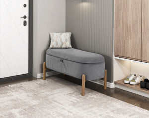 English Elm Storage Bench Corduroy Upholstered Lift Top Seat with Wood Legs Mid Century Bedroom Gray B011P298249