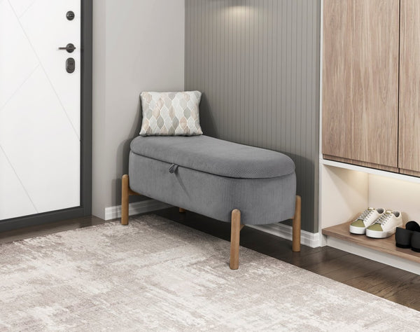 English Elm Storage Bench Corduroy Upholstered Lift Top Seat with Wood Legs Mid Century Bedroom Gray B011P298249