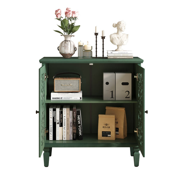 English Elm Vintage Hollow-Carved Accent Cabinet with Floral Motif, 2-Door Sideboard, Adjustable Shelf, Solid Wood Legs Antique Green W1445P384720